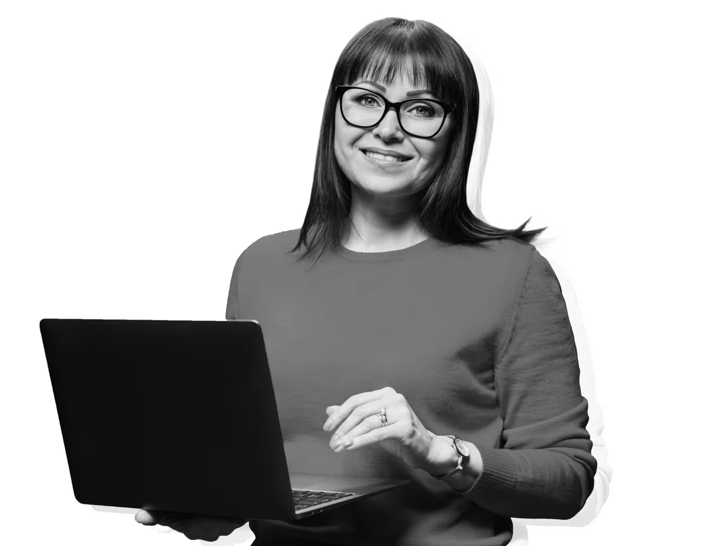 Smiling professional with laptop, representing startup leaders supported by oAT fractional generalists